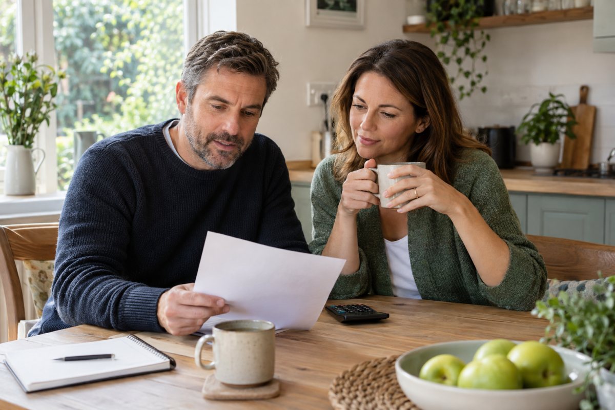 Couple reading paperwork at a kitchen table