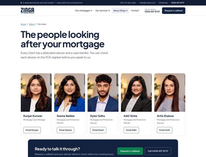 The team page with photos of Kunjan, Seema, Dylan, Aditi and Arifa